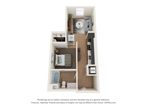 Floor plan for 1 bed, 1 bath, 562 sqft